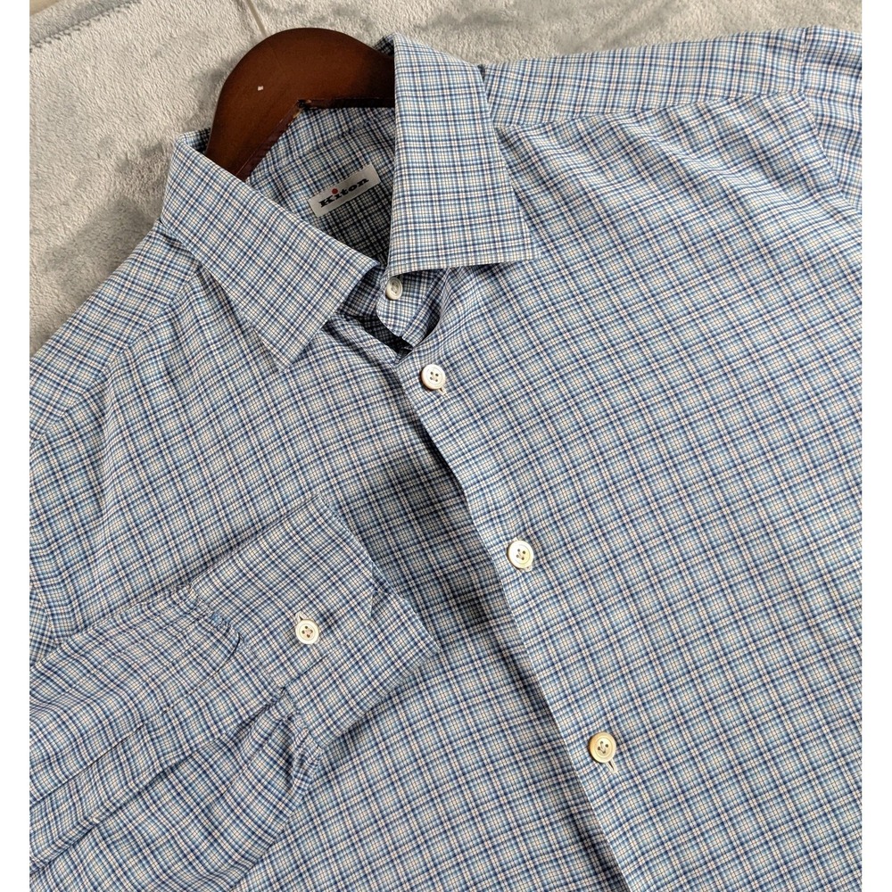 Kiton Shirt Mens 17/43 Blue Plaid Long Sleeve Dress Cotton Italy Made Preppy